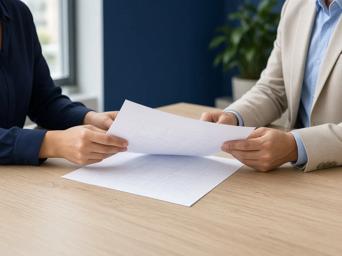 Deux personnes consultent un dossier autour d’une table, sans visages visibles.