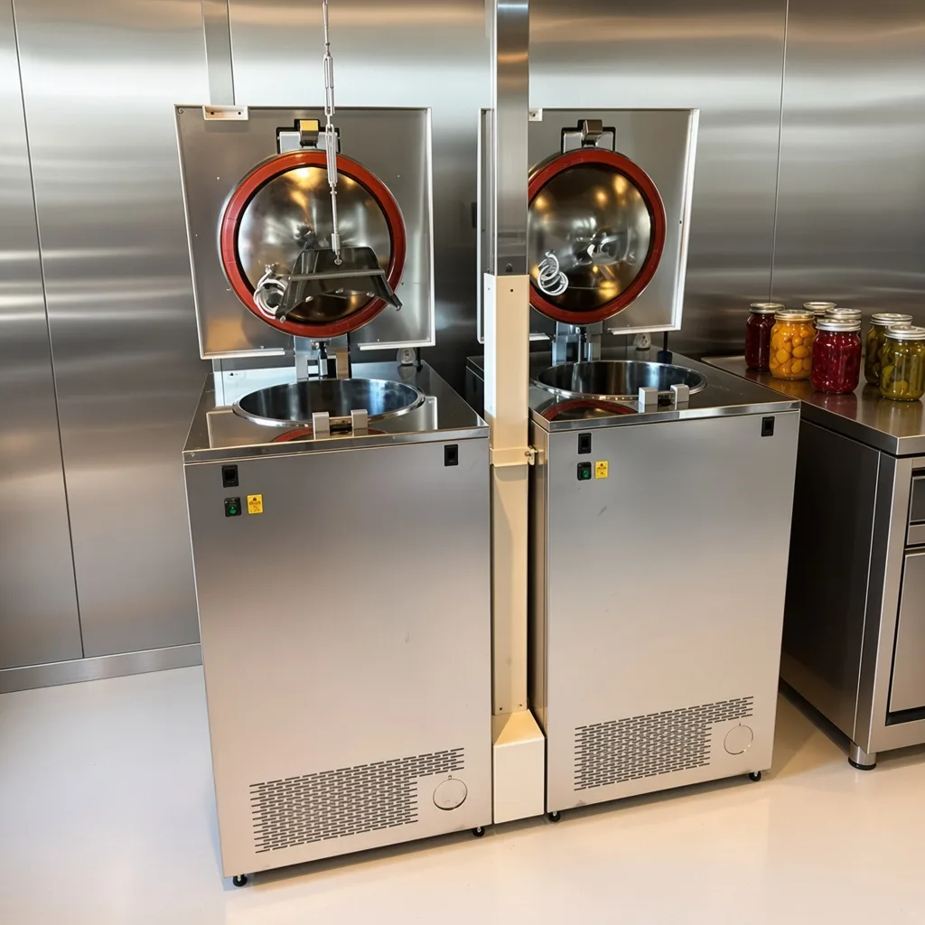 Autoclaves de conserverie et bocaux en cuisine professionnelle.